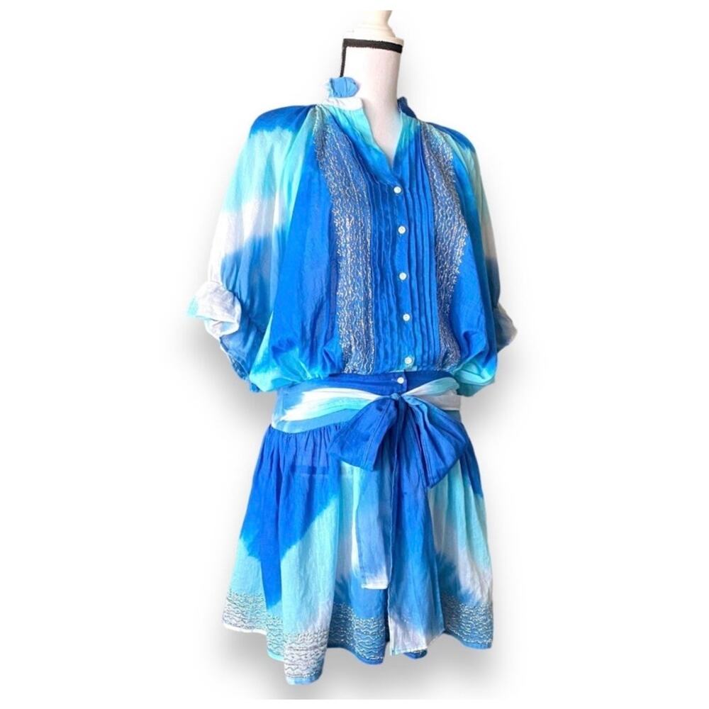 Juliet Dunn London Dress Hand Embroidery Sz 2 US 6/8 Blue Silver Button Up New